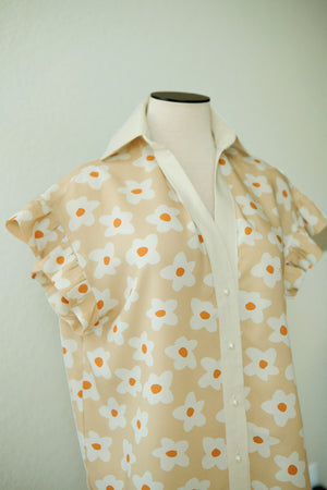 Ruffles Graphic Retro Flowers Blouse (Pre - Order)