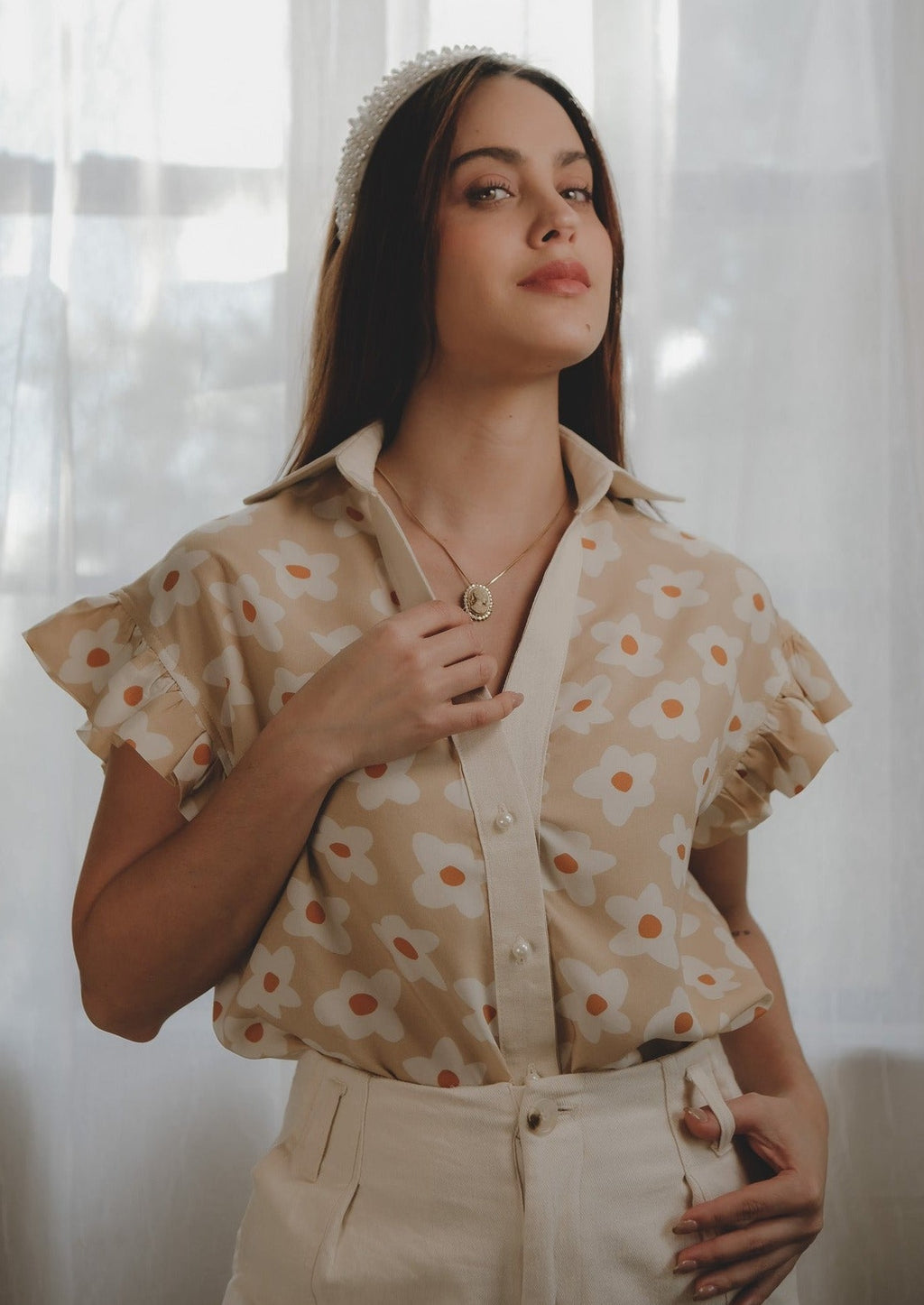 Ruffles Graphic Retro Flowers Blouse (Pre - Order)
